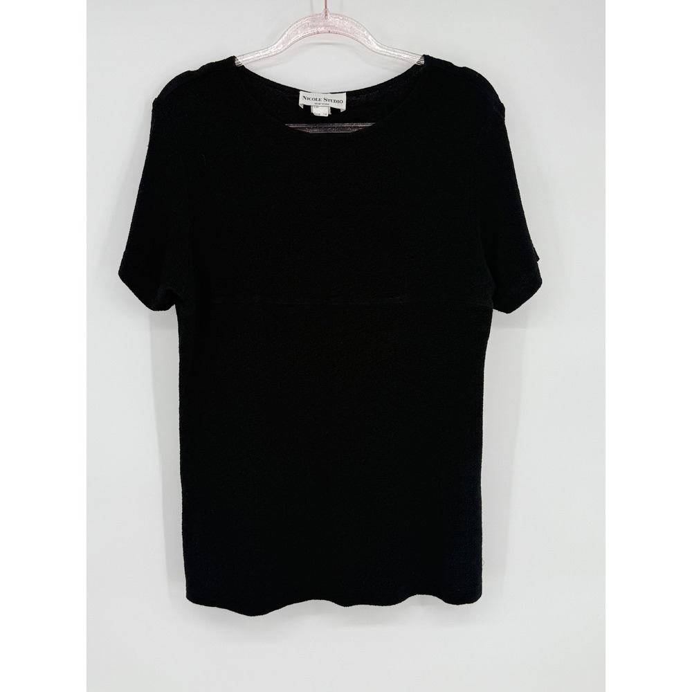 Nicole Studio Top Short Sleeve Crew Neck Black Blouse Sz 14 Vintage‎